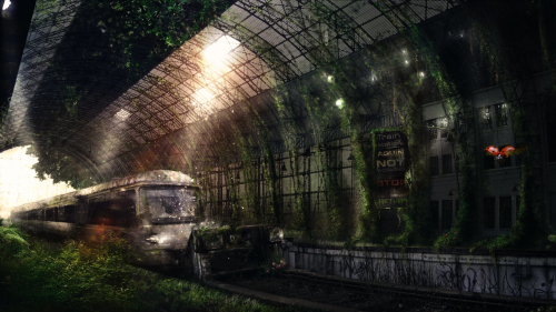 Abandoned Train Station and green grass