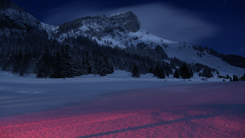 Amazing Snowed Mountains Starry Sky and Last Red Sunlight