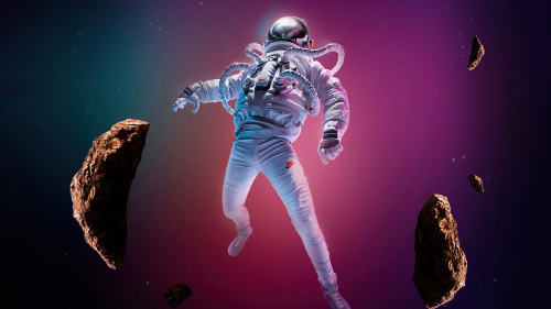 Astronaut in Purple Atmosphere and Stones