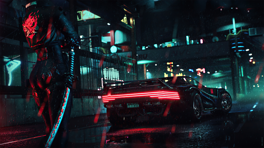 Beautiful Black Car on Street Cyberpunk 2077