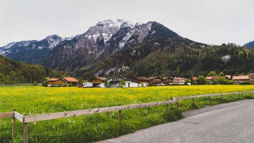 Beautiful Green Field Village and Mountains