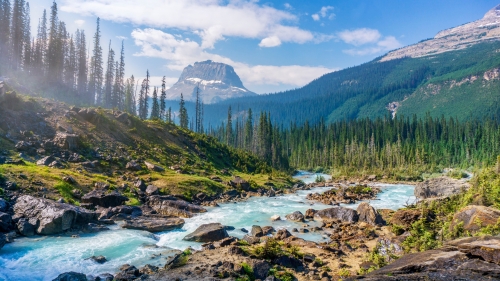 Beautiful mountain valley and river with forest