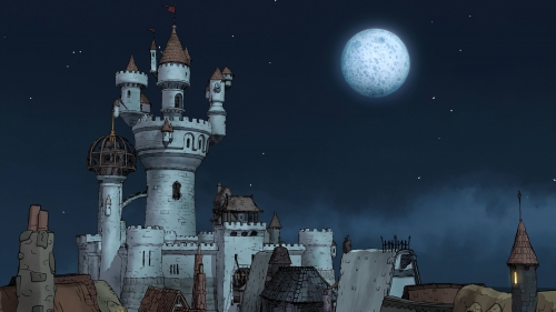 Beautiful old cartoon castle and Moon