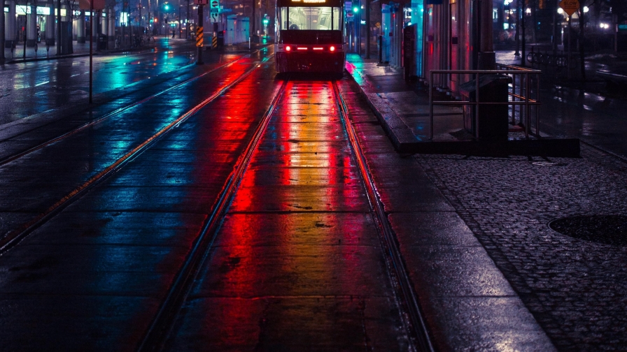Beautiful Old Night City and Tram