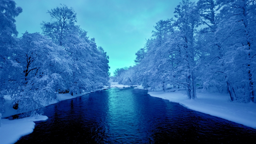 Beautiful River in Winter Forest and Sunset