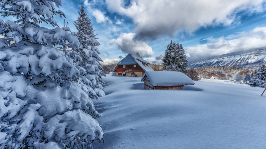 Beautiful Snow Covered Valley and Houses