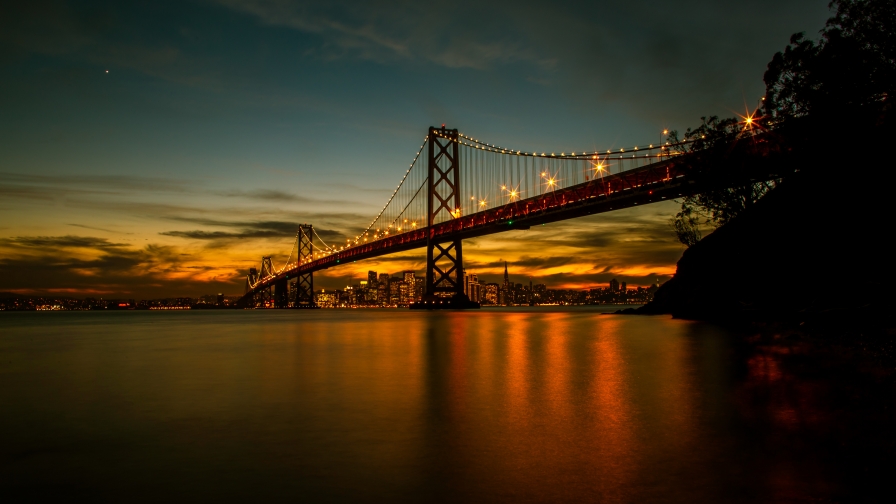 Beautiful Sunset San Francisco Oakland Bay and Golden Gate with Alcatraz Island