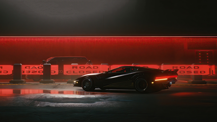 Black Car on Street and Red Light Cyberpunk 2077