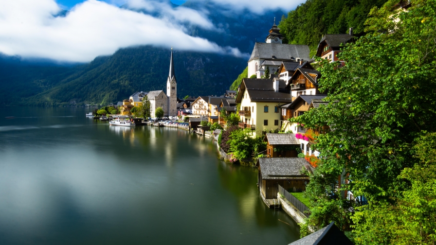 Buildings in Village on Slope near Lake