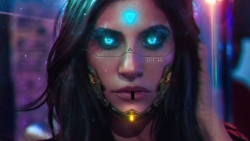Cyberpunk 2077 Beautiful Cyborg Girl with Blue Eyes
