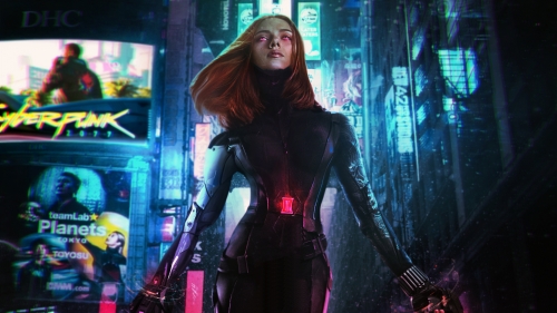Cyberpunk 2077 Beautiful Girl Cyborg in Black Suit
