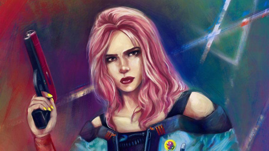 Cyberpunk 2077 Beautiful Girl with Pink Hair