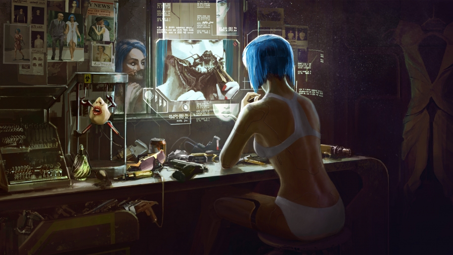 Cyberpunk 2077 Cyborg Girl with Blue Hair