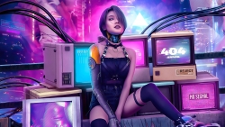 Cyberpunk 2077 Pretty Teen Girl and Retro TV