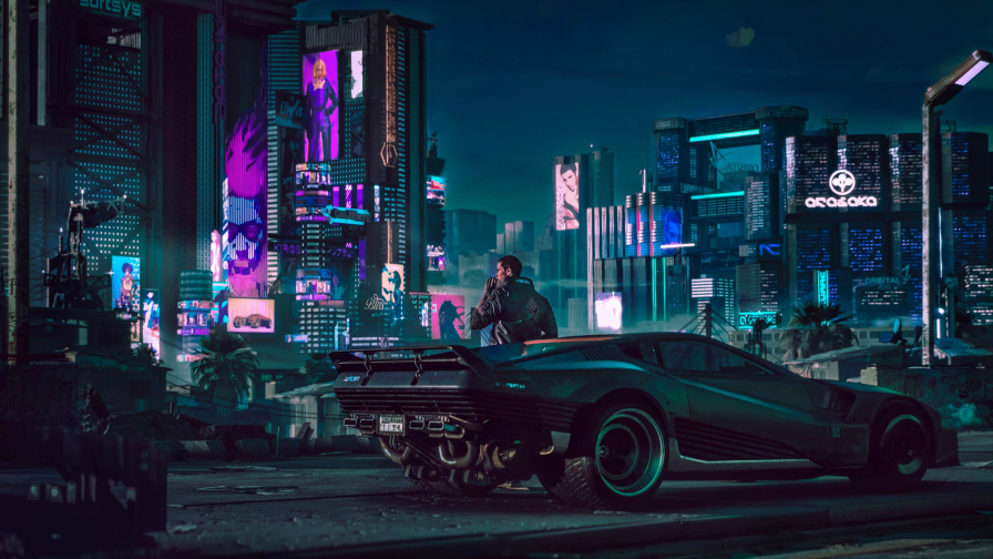 Cyberpunk 2077 View on Street and Futuristic Car