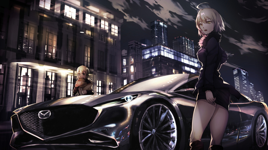 Girl with White Hair and Beautiful Car Mazda