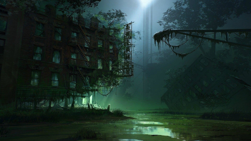 Green Destroyed City after Apocalypse