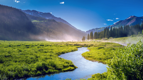 Green Grass and River in Mountain Valley