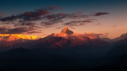 Himalayas and wonderful red sky with clouds