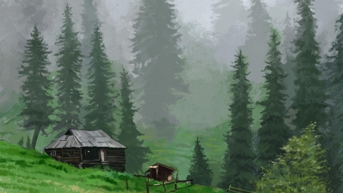 House in Pine Forest and Clouds of Fog