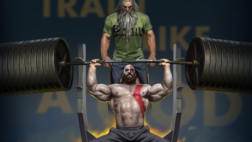Kratos from God of War in Gym with Barbell