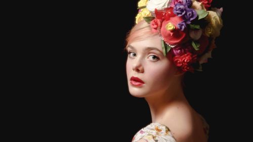 Mary Elle Fanning with Colorful Flowers on Head