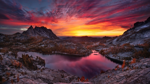 Mountain Valley and Amazing Beautiful Pink Sunrise