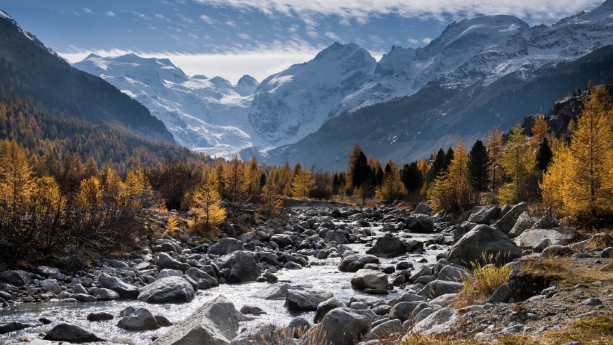 Mountain Valley and River with Rocks