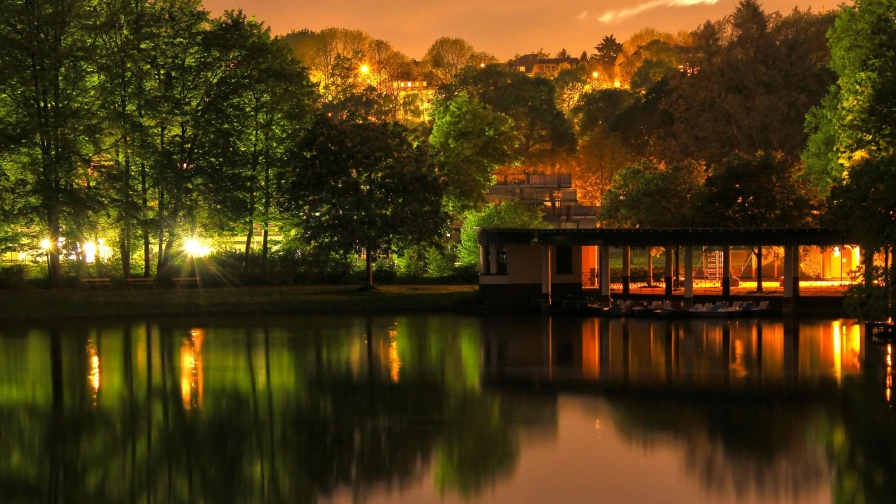 Night city garden and lake