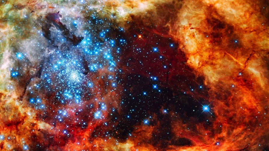 Orange Nebula and Blue Stars