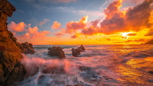 Orange Ocean Sunset and Waves