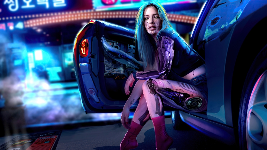 Pretty Cyborg Girl in Car Cyberpunk 2077