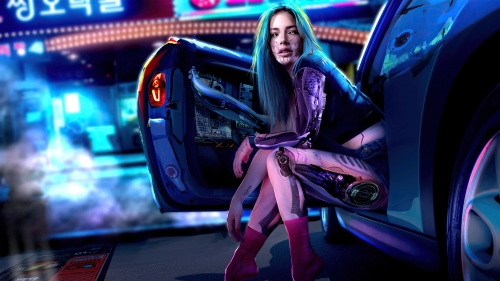 Pretty Cyborg Girl in Car Cyberpunk 2077