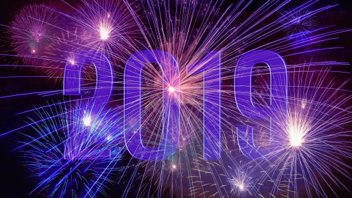 Purple Fireworks and Happy New Year 2019