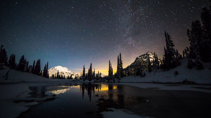 River and Beautiful Dusk in Winter Valley