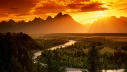 River in Mountain Valley and Orange Wonderful Sunset