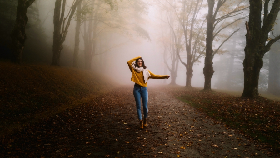 Road in Autumn Forest and Girl