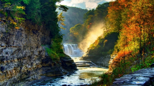 Rocks River and Waterfall in Autumn Forest