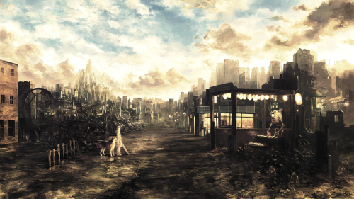 Ruins of City Android and Little Girl with Dog