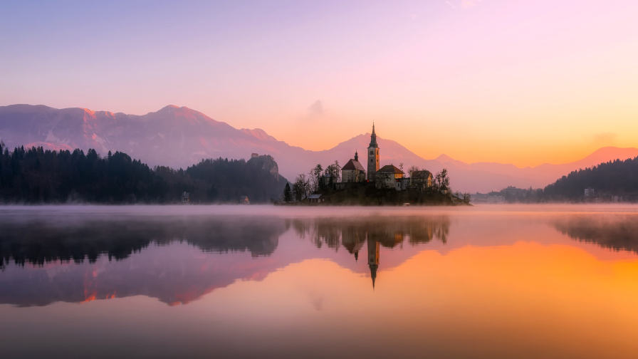 Single Church and Lake Around