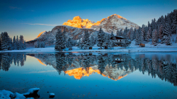 Snow Covered Mountains and Pine Trees in Valley