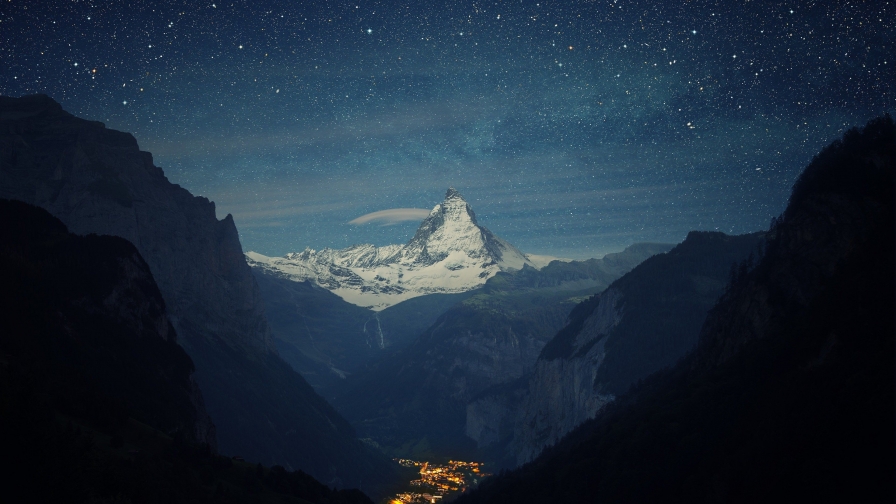 Starry Night and Village in Valley