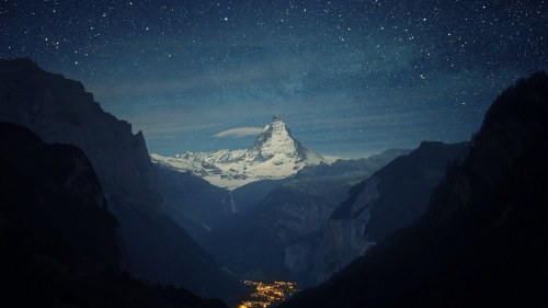 Starry Night and Village in Valley