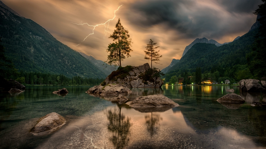 Stones in Water and Forest around Lake