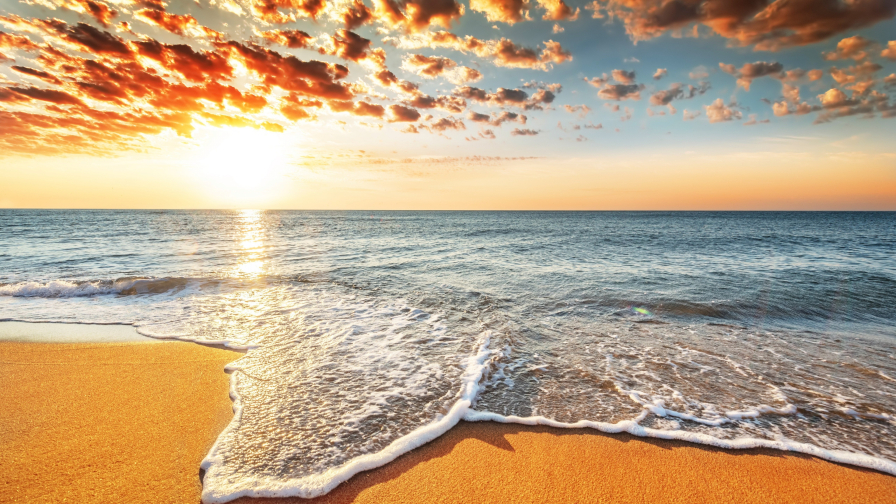 Sunrise on Golden Beach and Waves