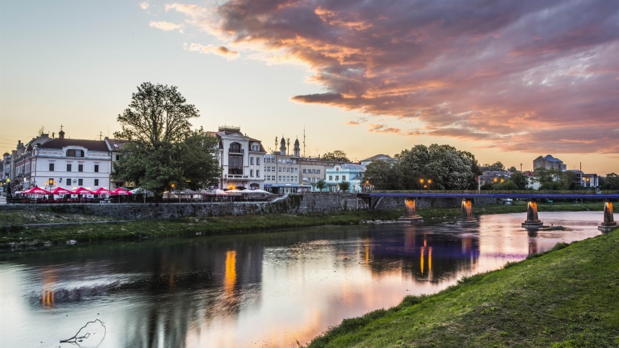 Ukraine River Bridge Houses Clouds Dusk