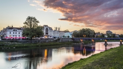 Ukraine River Bridge Houses Clouds Dusk