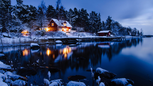 Winter Holiday Night at the Cottage in Mountain Valley