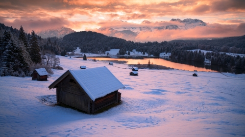Winter Sunset in Snowy Village