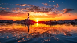 Wonderful Beach Lighthouse and Orange Sunset